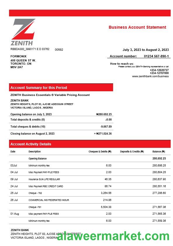 Zenith Bank business checking account statement Word and PDF template